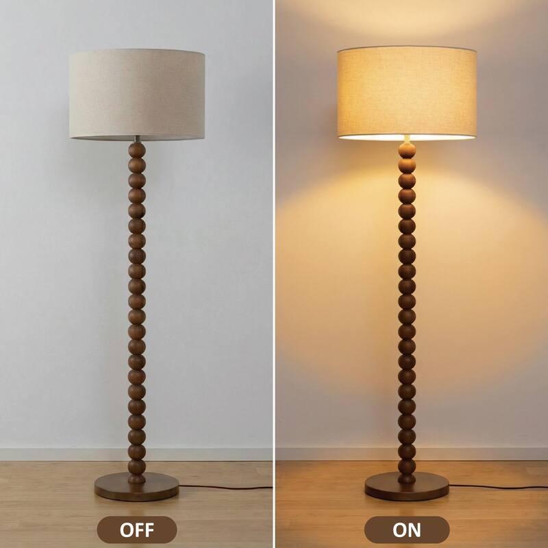 61" Wooden Beaded Floor Lamp, Retro Walnut Finish Standing Lamp with Linen Shade, Rubberwood Base for Living Room, Bedroom
