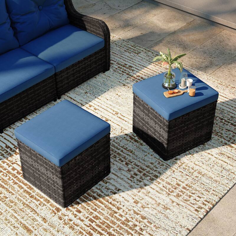 Outdoor Wicker Square Storage Ottoman with Plush Cushion(Set of 2)