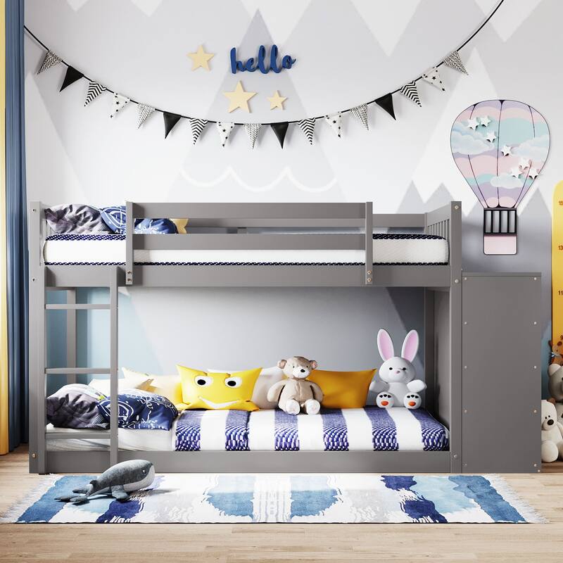 Floor Bunk Bed with Movable Storage Cabinet, Include 4 Storage Drawers and 3 Shelves, Solid Wood Bunkbeds Frame for Kids Teens - Gray - Twin