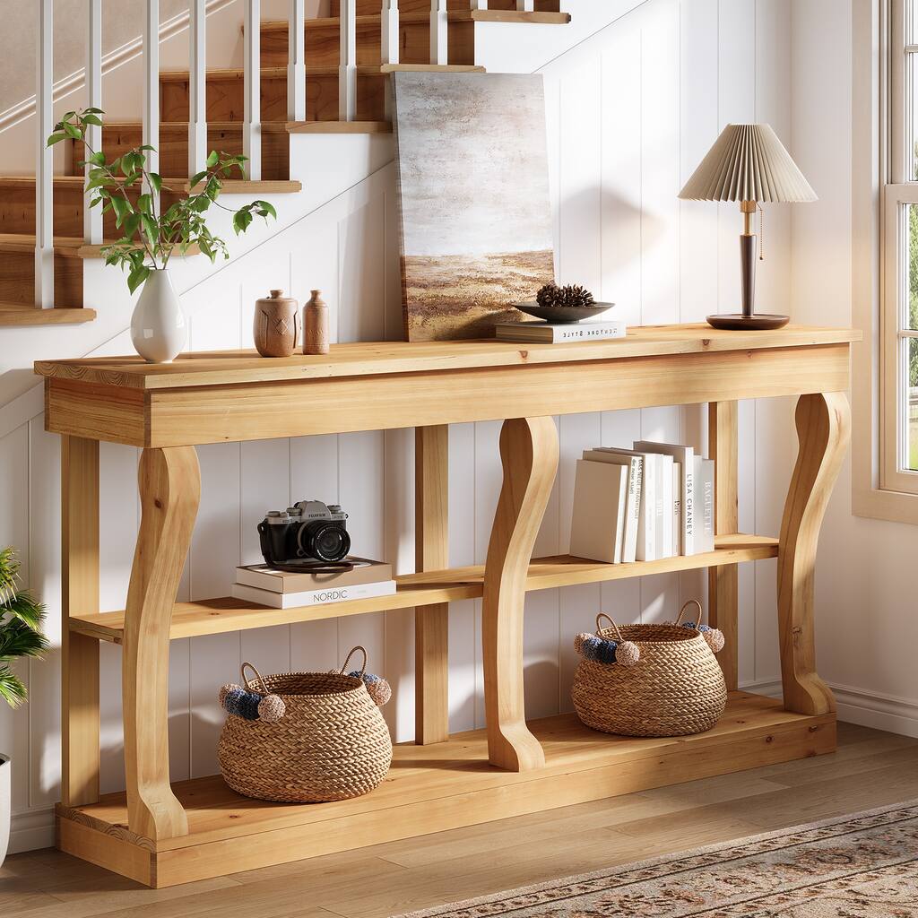 63 Inch Solid Wood Console Table for Entryway, 3-Tier Storage Shelves