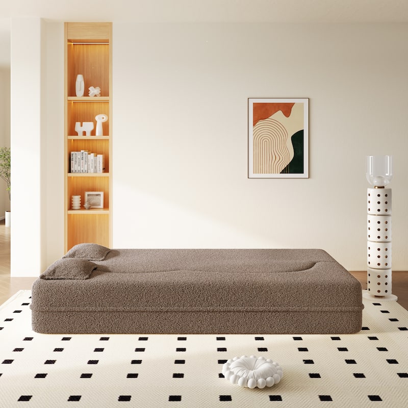 Convertible Floor Sofa with Teddy Fabric, Twin Mattress & No Assembly