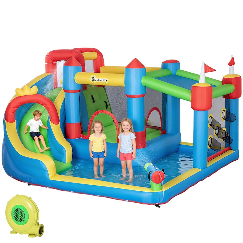 Outsunny 6-in-1 Inflatable Water Slide, Kids Castle Bounce House Includes Slide, Trampoline, Pool, Water Gun, Climbing Wall