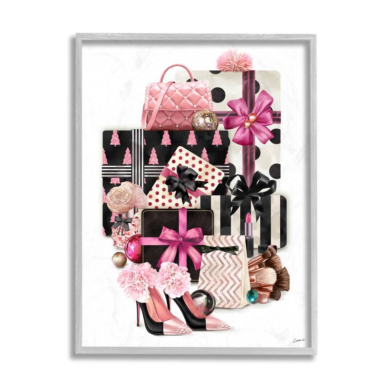 Stupell Fashionista Christmas Gift Stack Glam Style Accessories Framed Wall Art - 16 x 20 - Grey