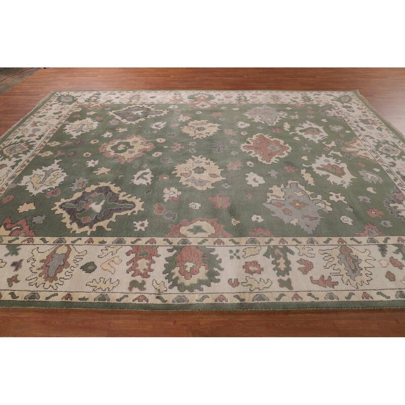 Green & Ivory Floral Oushak Oriental Area Rug Handmade Wool Carpet - 9'1" x 11'11"
