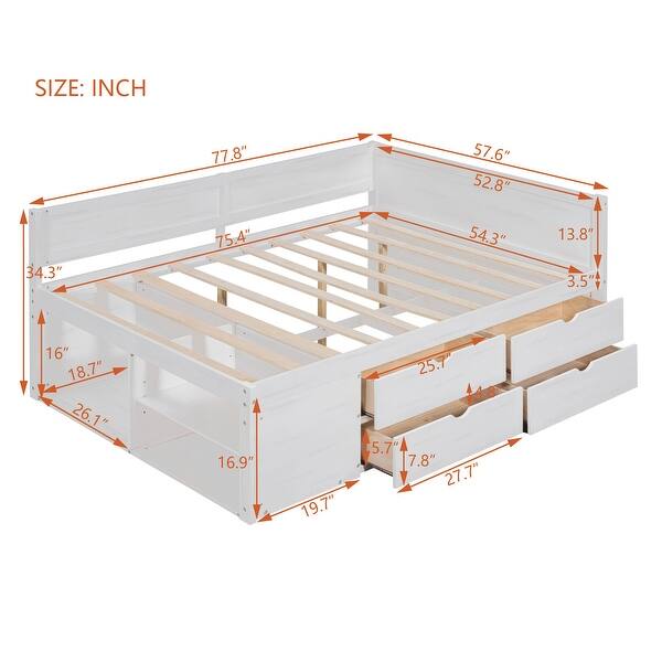 White Full Size Daybed with Drawers and Shelves Storage Bed Frame