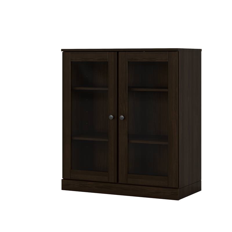 100% Solid Wood Short Bookcase with Glass Doors, Adjustable Shelves, Modular Storage Bookshelf, 32" W x 35.75" H - Espresso
