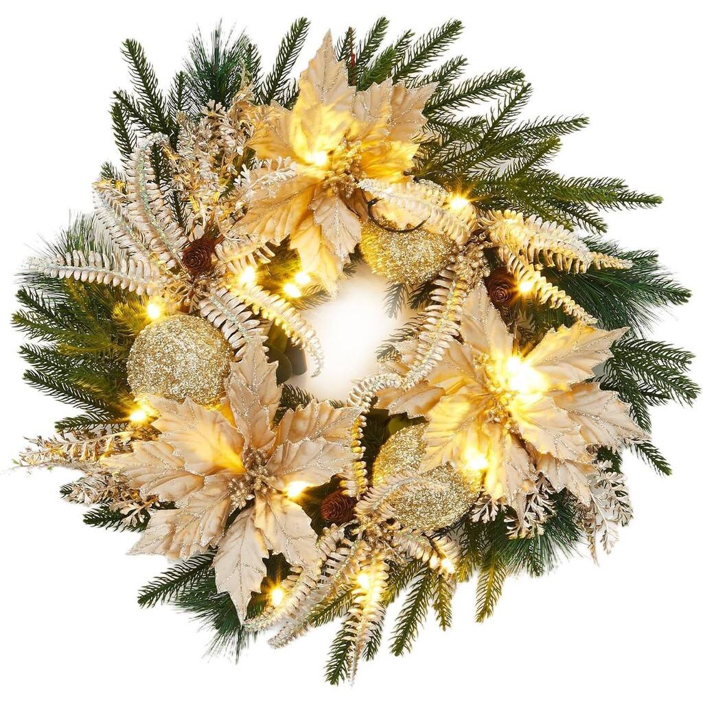 24 Inch Gold Christmas Wreath with Light Artificial Flowers Leaves