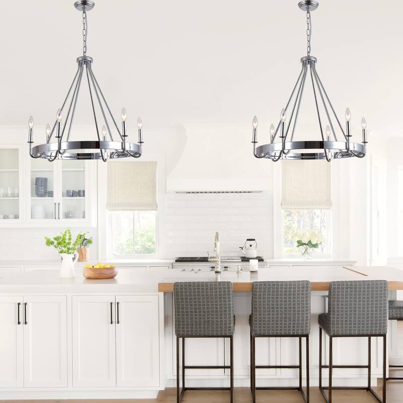 Cusp Barn 28 Inch Farmhouse Wagon Wheel Chandelier, Industrial 6-Light Chrome Round Kitchen Island Pendant Light for Dining Room