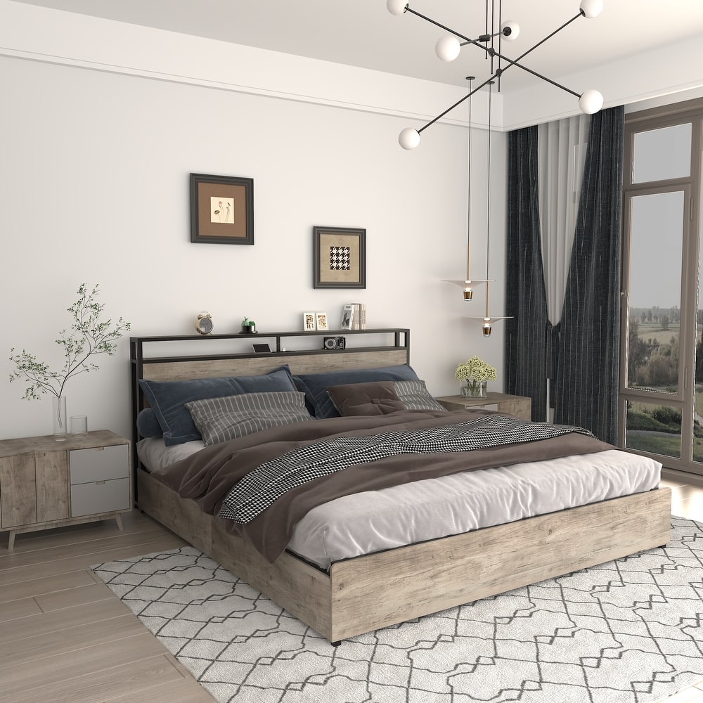 Storage Bed with 4 Drawers, Platform Bed with LED Lights and Storage Headboard Built-in Charging Station