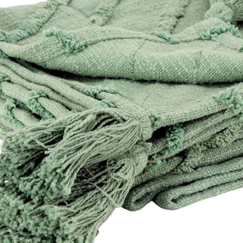 HomeRoots 50" X 60" Green Cotton Woven Geometric Throw Blanket with Tassels