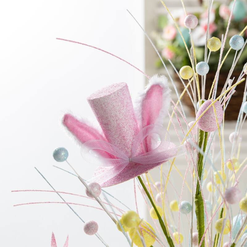 Glitzhome Easter Table Tree with Eggs Lavender Top Hat Decoration for Spring Party Supplies Props