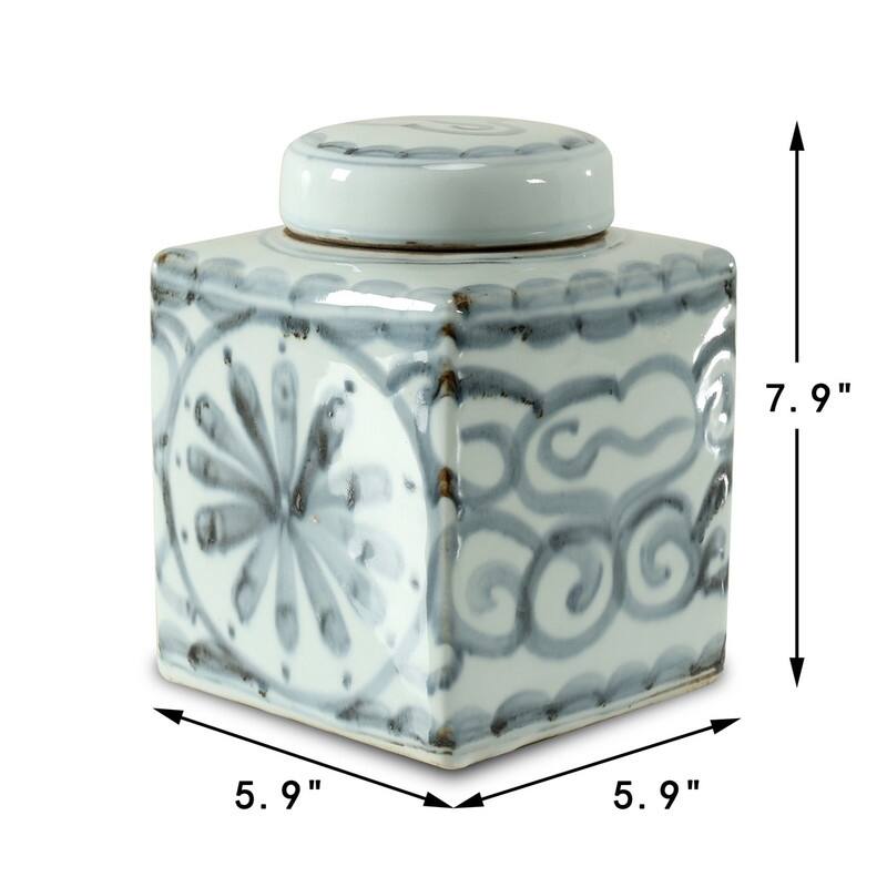 Approx.8 Inches Subtle Blue and White Square Jar with Floral Motif