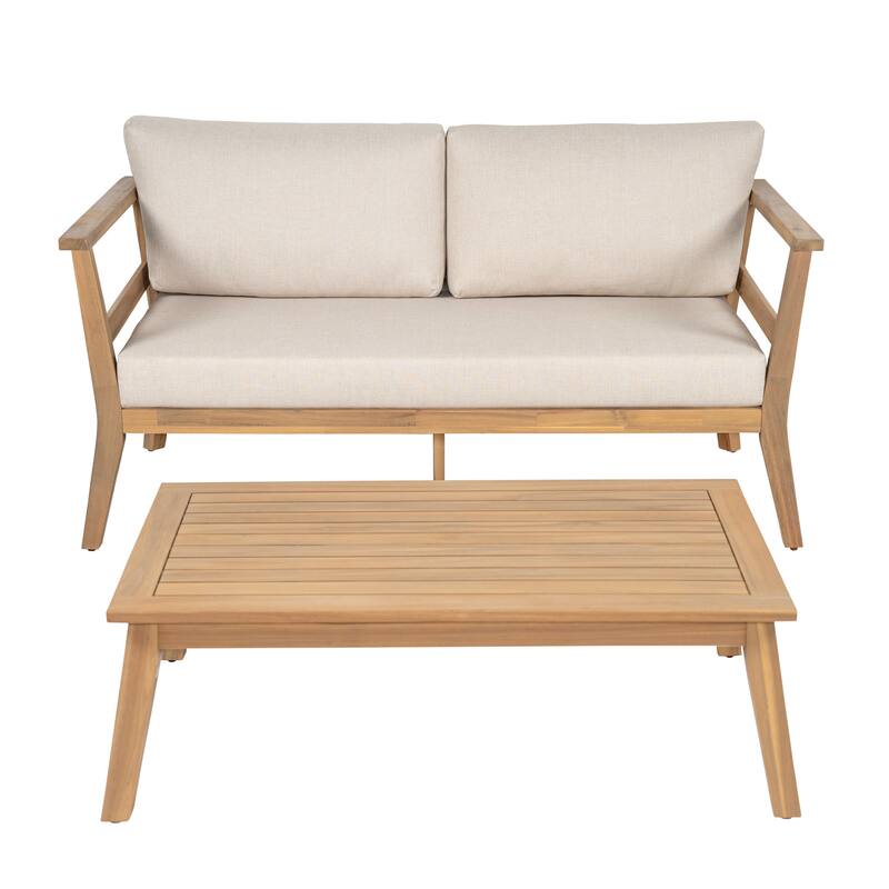 Scott Living - Aisling Outdoor Acacia Wood Loveseat and Coffee Table with Cushions - Light Teak + Beige Cushion
