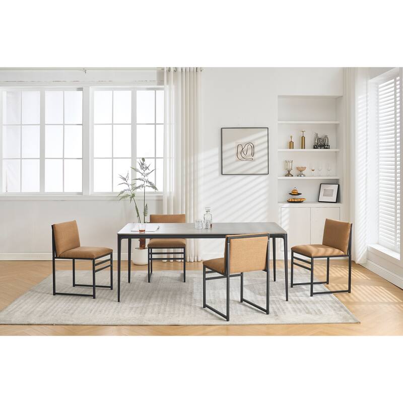 Set of 2 Modern Dining Chairs, Coffee Brown Linen Upholstery with Minimalist Iron Frame