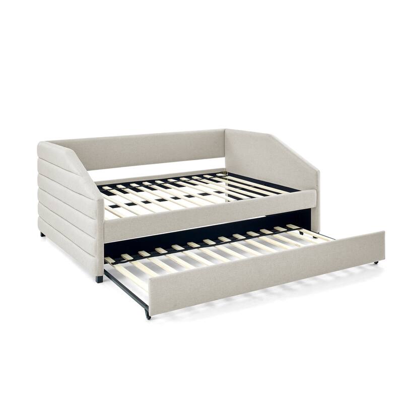 Linen Fabric Upholstered Daybed with Pull-Out Trundle or Storage Drawers, Tufted Sofa Bed Frame with Wood Slat Support