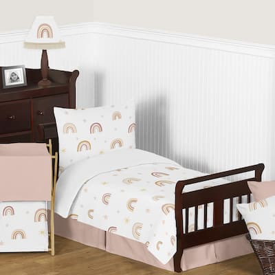 Boho Rainbow Girl 5pc Toddler Comforter Set - Blush Pink Dusty Rose Gold Yellow Mauve Taupe Beige Bohemian Stars Sun Celestial