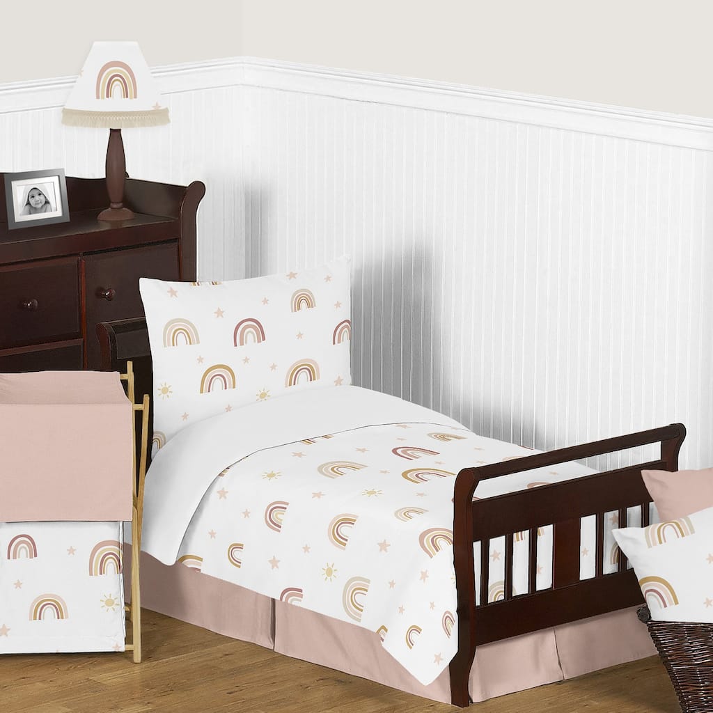 Boho Rainbow Girl 5pc Toddler Comforter Set - Blush Pink Dusty Rose Gold Yellow Mauve Taupe Beige Bohemian Stars Sun Celestial