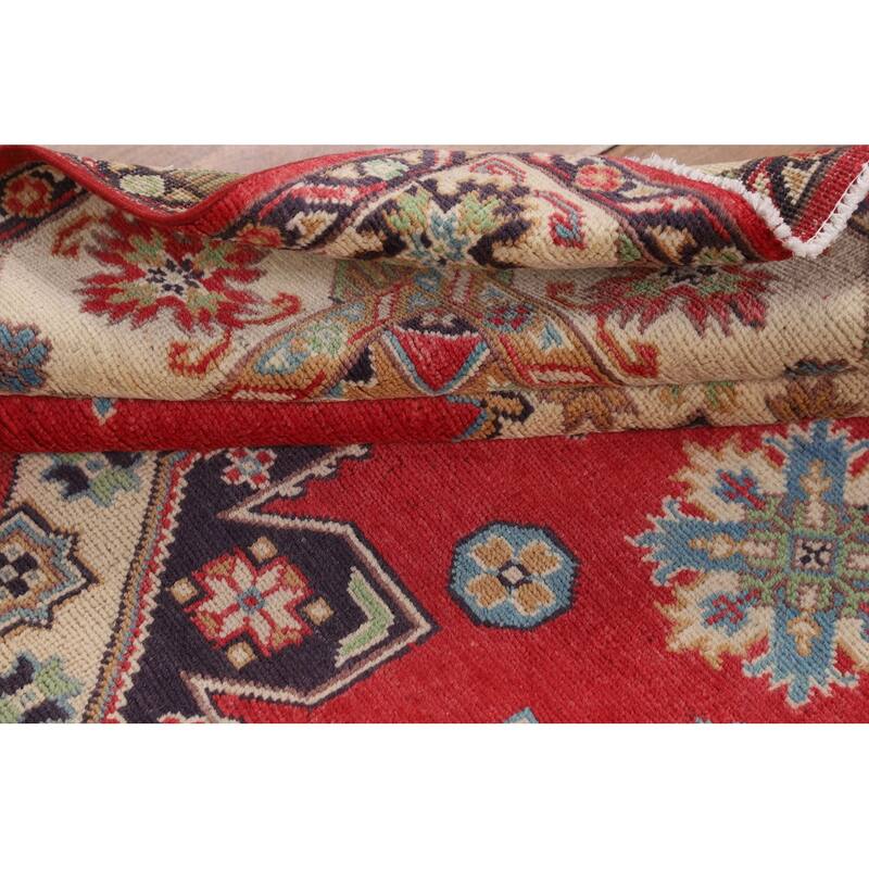 Geometric Kazak Area Rug Handmade Oriental Red Wool Carpet - 4'9" x 6'9"