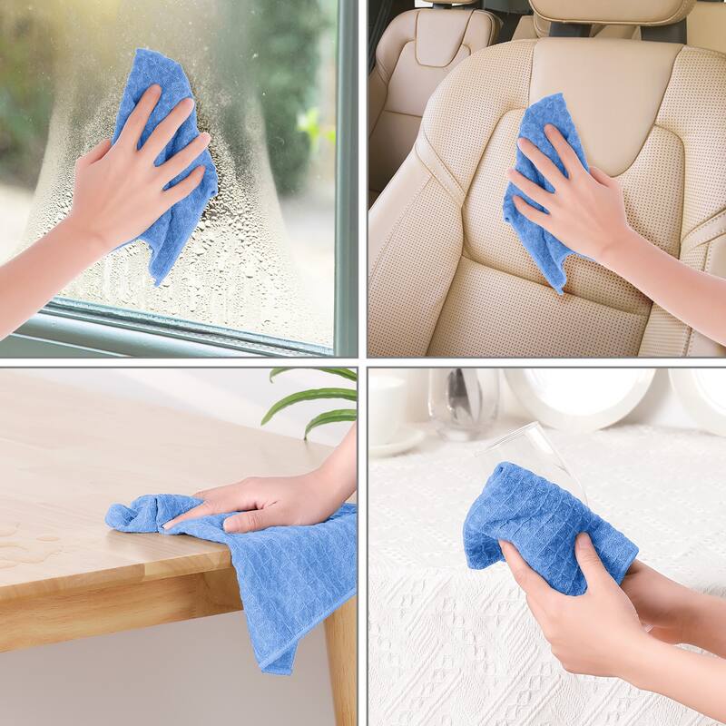Waffle Weave Microfiber Kitchen Cleaning Cloth, Absorbent and Quick Drying Lint Free Dish Towels - Blue-12Pcs-10"x10"