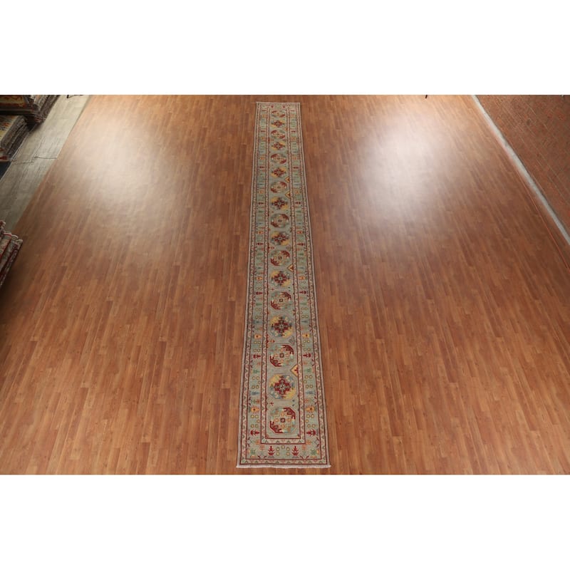 Hand Knotted Oriental 100% Wool Carpet Traditional Geometric Multi-Colored Kazak Runner Rug - 19' 10'' X 2' 6''