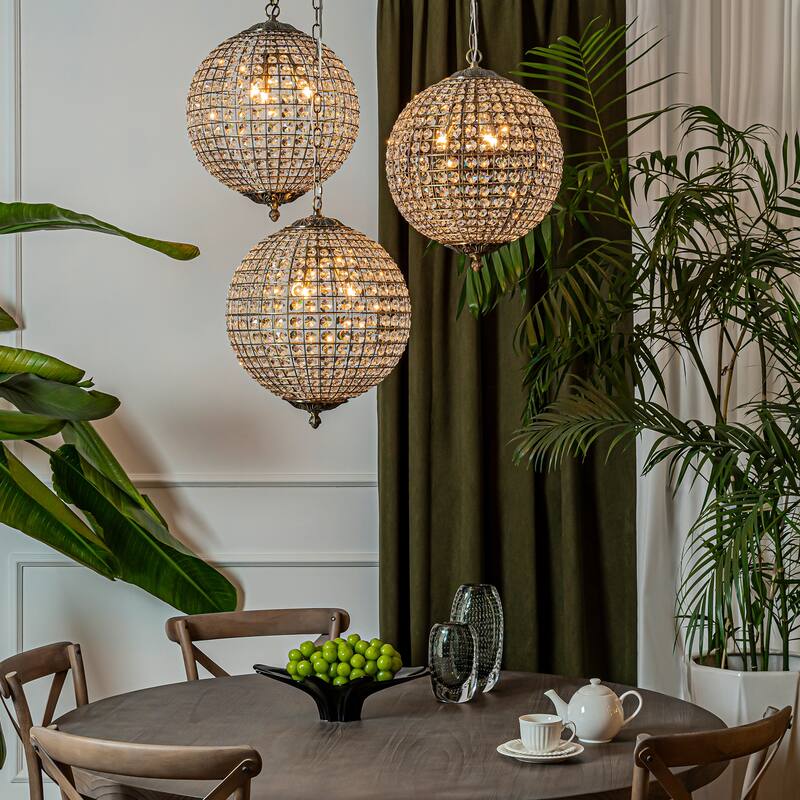 DancyHome 1/3-Light Retro Antique Bronze Crystal Globe Chandelier Small Sphere Pendant Light