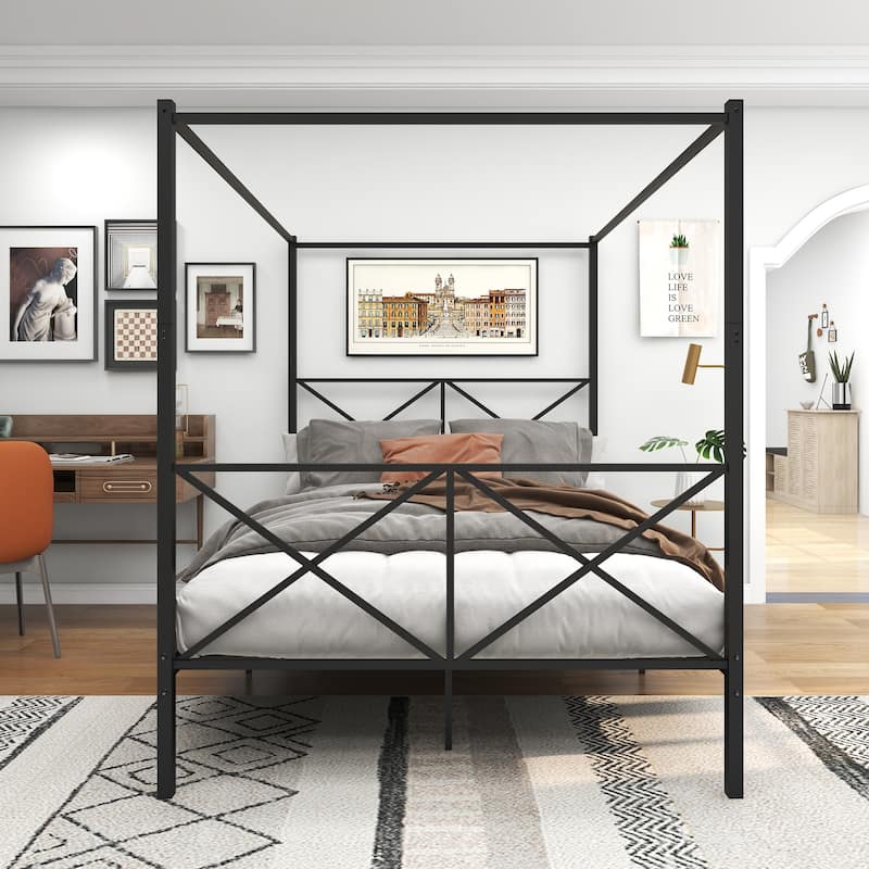 Queen Size Metal Canopy Bed Frame with X Shaped Design, No Box Spring Needed, Under Bed Storage