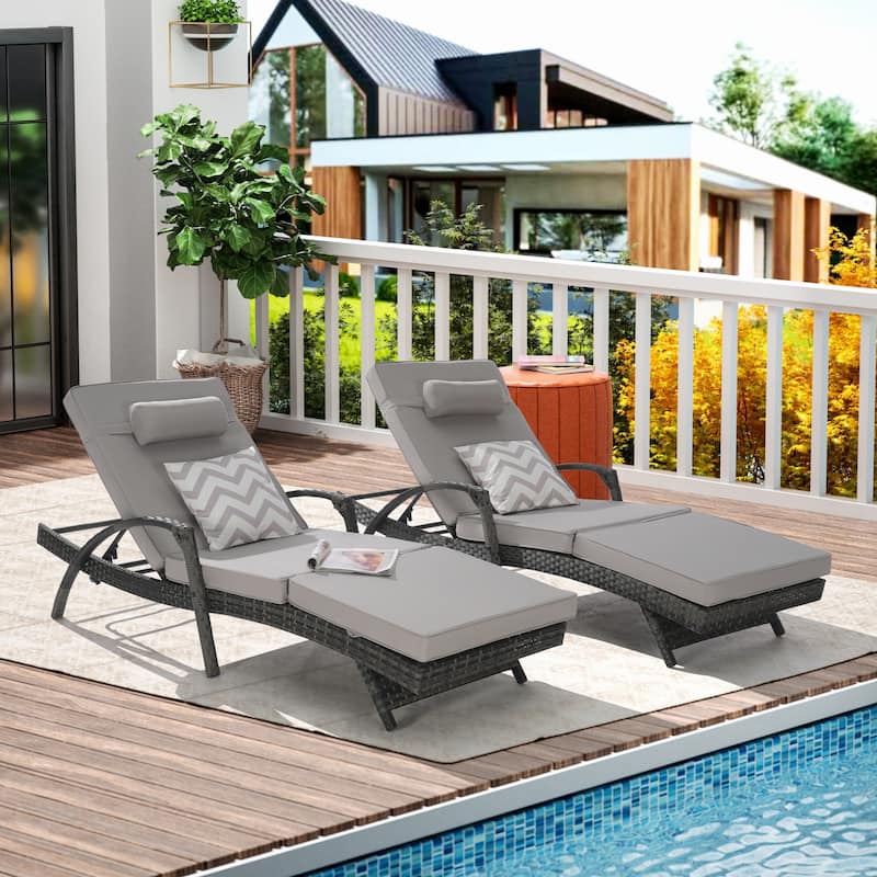 Outdoor Long Reclining Chair Set of 2 with Cushions