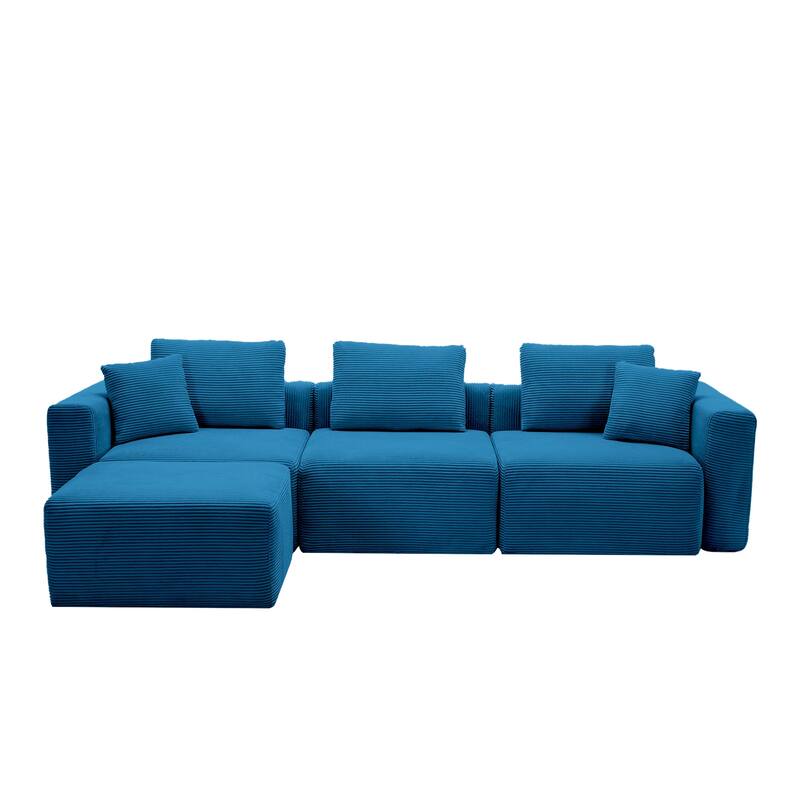Corduroy Sectional Modular Sofa with Square Arms & Ottoman Extension for Flexible Arrangements - 3-Seater & 1 Ottoman - Opal Blue
