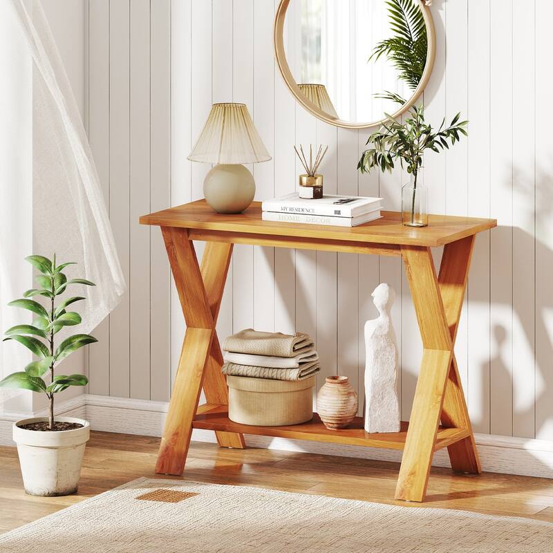 35.5" Teak Wood Console Table with Storage Shelf and X-Cross Legs for Living Room or Bathroom - 35.5" x 16" x 28"