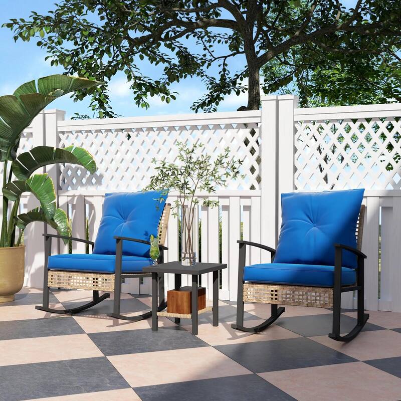 3-Piece Wicker Set, Rocking Chairs with Tufted Cushions,Coffee Table