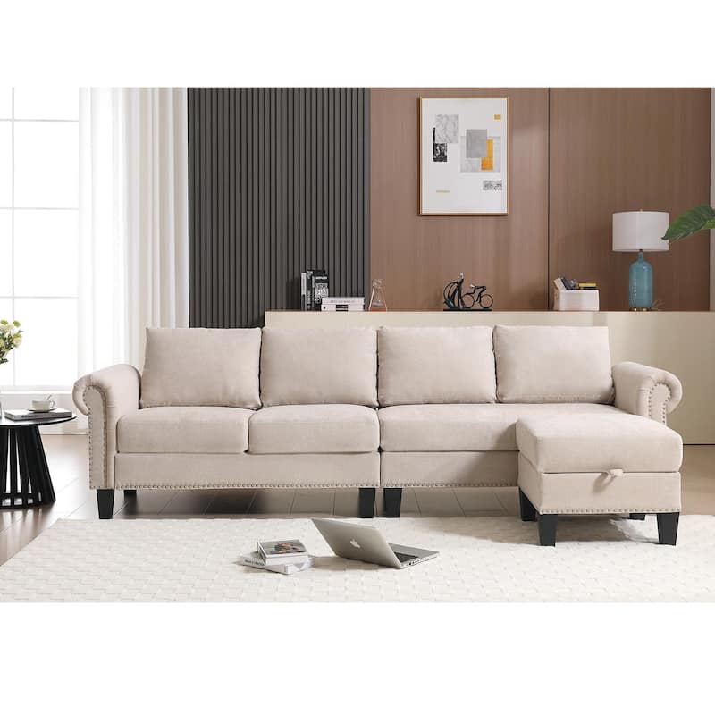 106" Modern L Shape Convertible Linen Sectional Sofa with Storage for Living Room - Beige