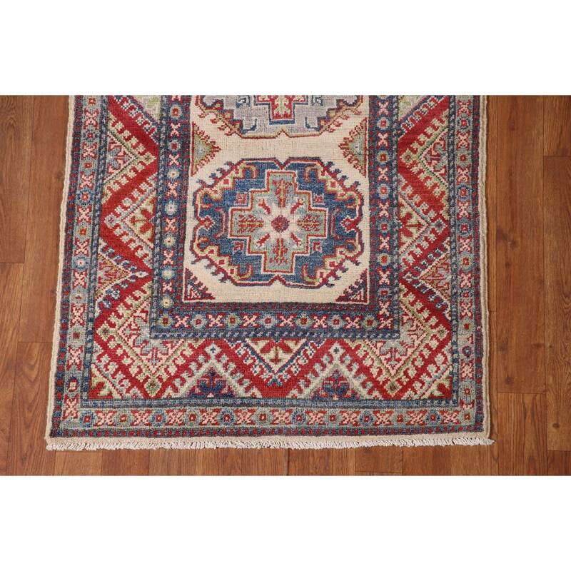Geometric Kazak Runner Rug Handmade Beige Oriental Wool Carpet - 2'7" x 15'5"