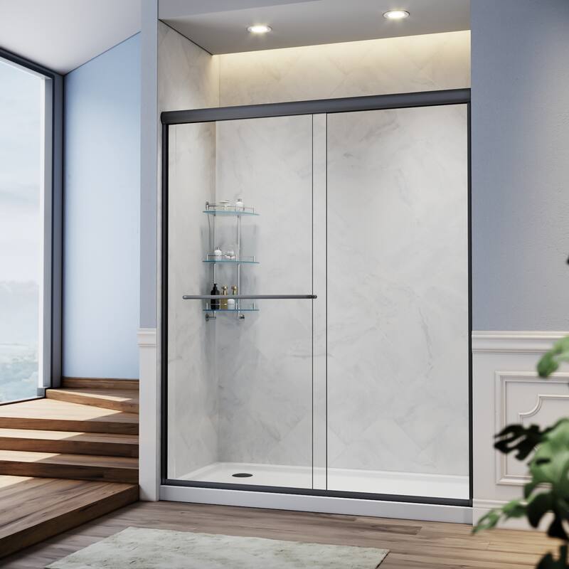 Elegant Double Sliding Shower Door 58.5-60 x 72" Width Cutting Guide Rail Adjustment Reversible installation - Black