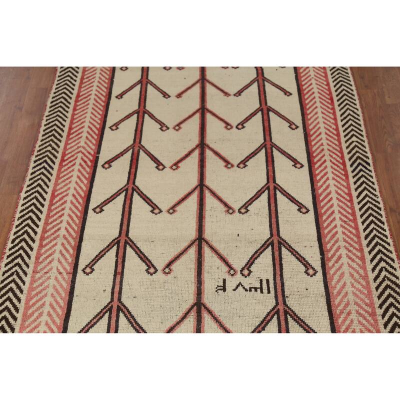 Hand Knotted Oriental 100% Wool Carpet Modern Geometric Beige & Ivories Gabbeh Runner Rug - 8' 8'' X 4' 4''