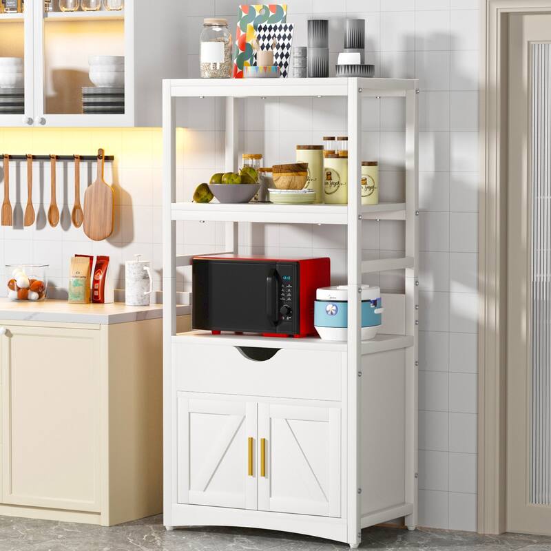 VECELO White Multifunctional Kitchen Storage Cabinet with Microwave Stand Drawer Charging Ports Freestanding Cabinet for Kitchen - Tan