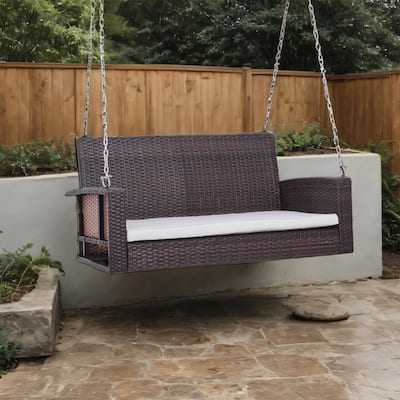 Outdoor Wicker Hanging Swing Bench with Metal Frame,550 lbs Capacity