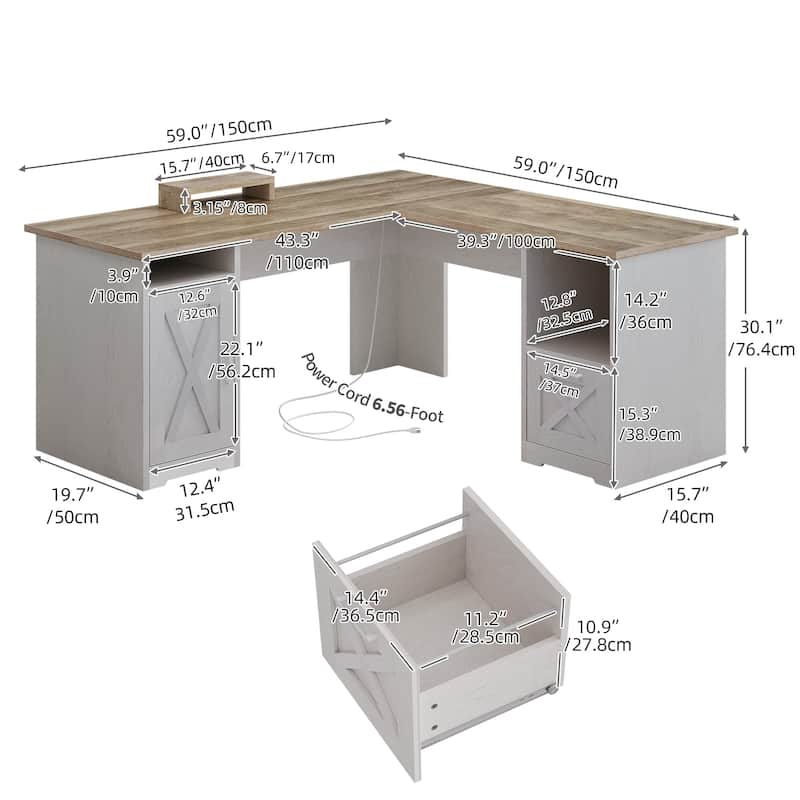 Moasis 59-inch Computer L-shaped Desk with Monitor Stand and Cabinet, Executive Desk w/Power Outlets