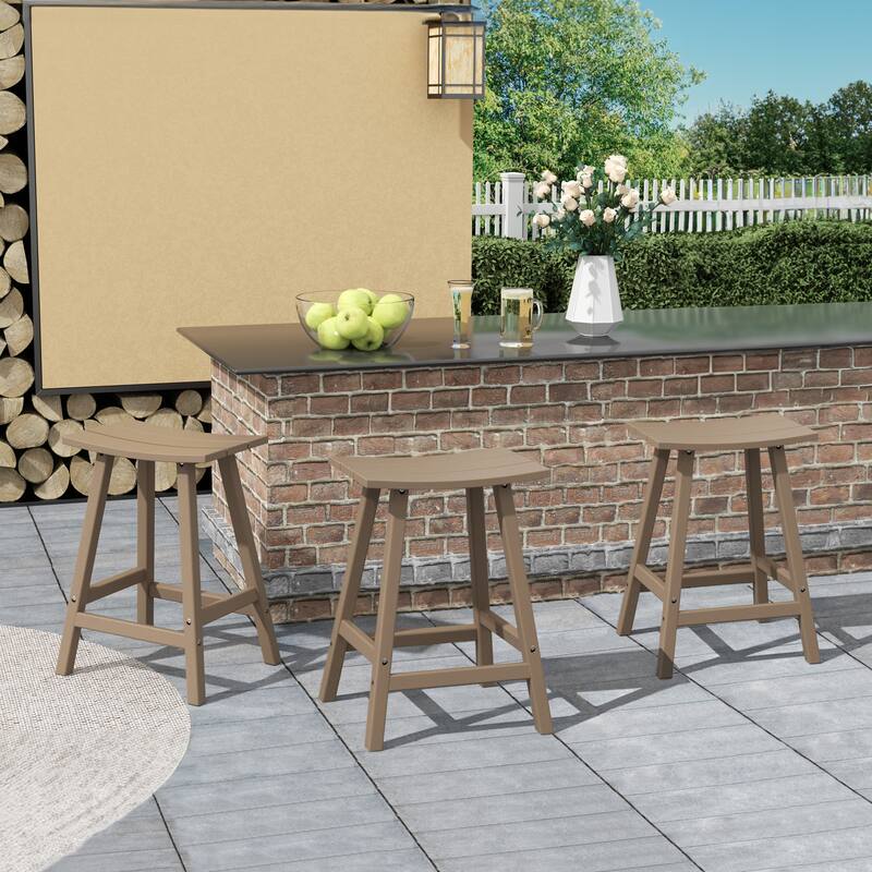 Polytrends Laguna Hdpe All Weather Outdoor Patio 24" Saddle Seat Counter Stool (Set Of 3) - Weathered Wood