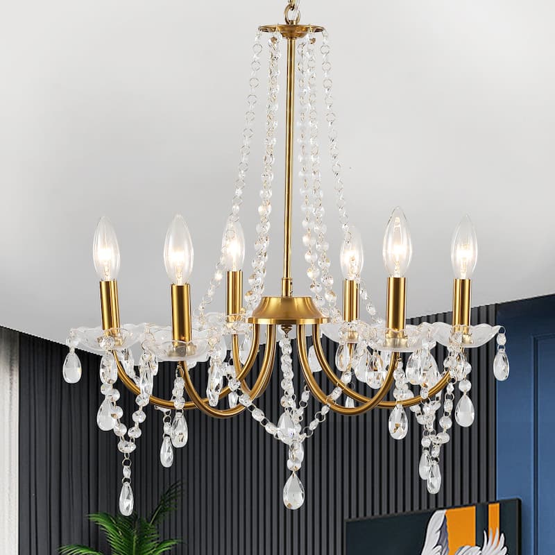 6-Light Farmhouse Crystal Chandelier, Candle Style Chandelier for Living Room Kitchen Island Dining Foyer - Gold