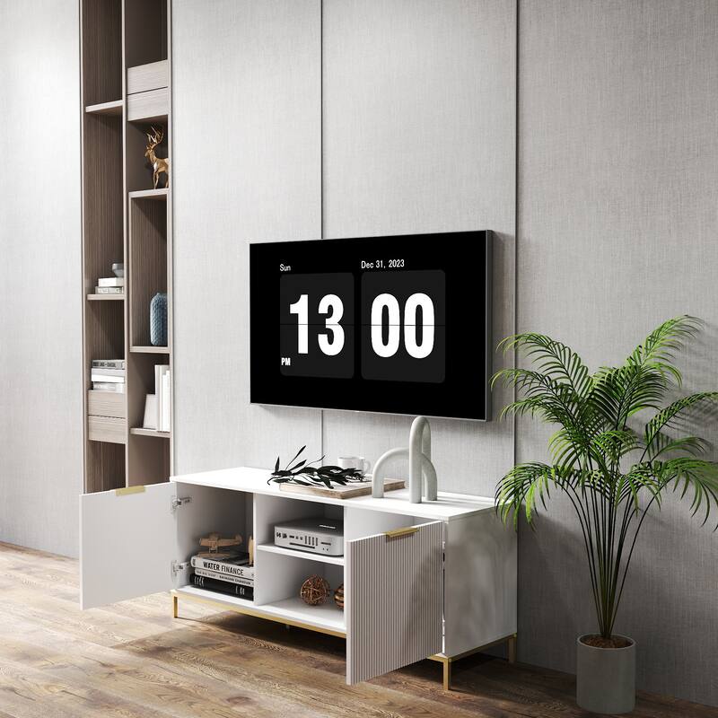 Modern Stylish TV Stand, Entertainment Center TV Stand with Solid Wood Frame and Rainbow Glass Door, for Living Room