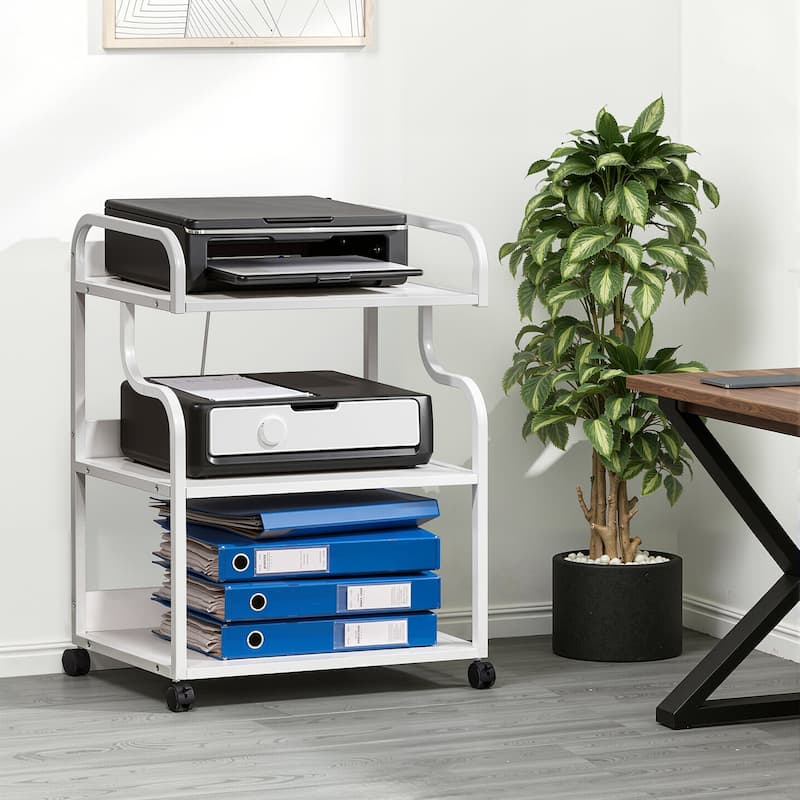 VECELO Mobile Printer Stand with Outlets & Locking Wheels White Rolling Cart Home Office Cart with USB Charging Station - White