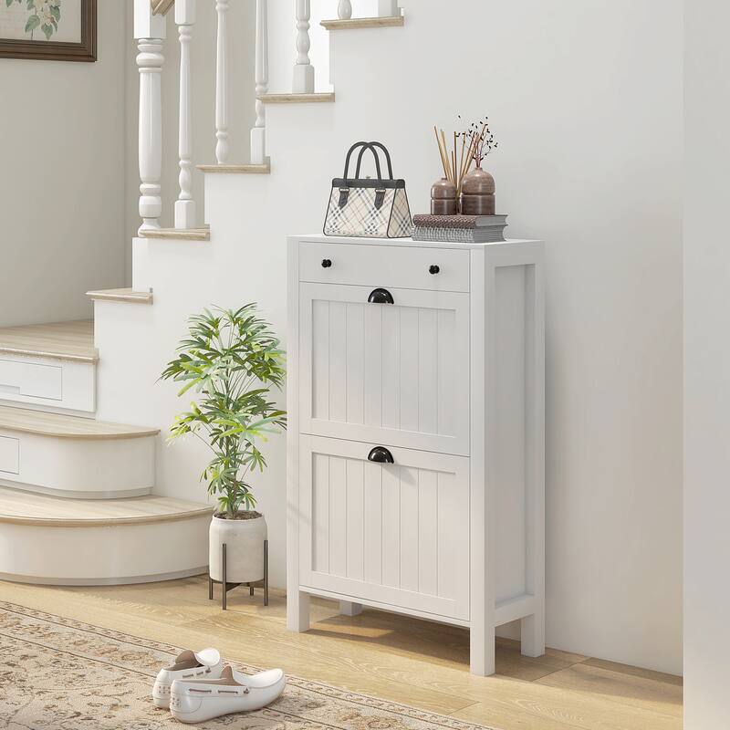 White MDF Shoe Cabinet with Adjustable Shelves Drawer and Anti Tipping Design for Space Saving Storage - 23.5" x 9.5" x 38.25"