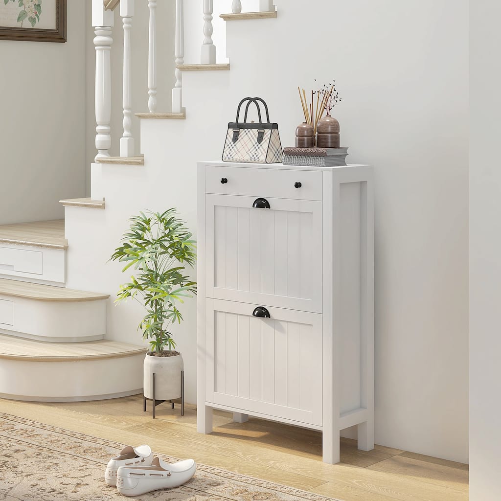 White MDF Shoe Cabinet with Adjustable Shelves Drawer and Anti Tipping Design for Space Saving Storage - 23.5" x 9.5" x 38.25"