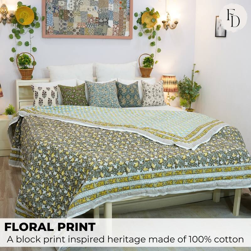 Fabdivine Hand Block Print Green Yellow Floral Organic Reversible Cotton Quilt - Natural Boho Decorative Bedding for Home Deco