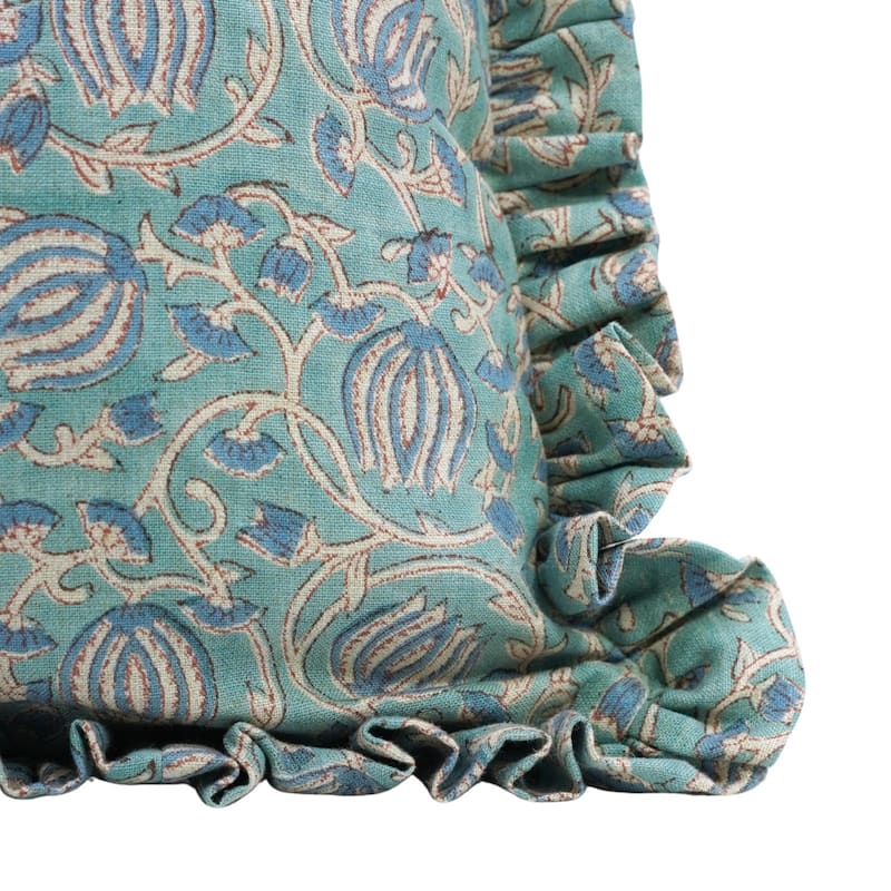 Fabdivine Handmade Block Print Floral Frill Both Side Soft Boho Pure Linen Pillow Cover