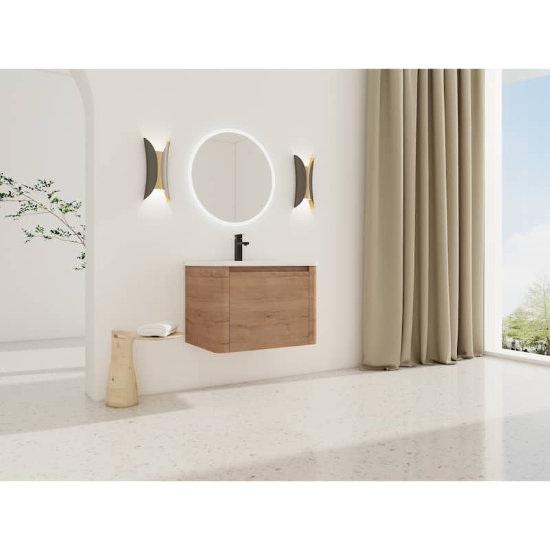 28'' Wall-Mounted Bathroom Vanity with White Ceramic Sink & 1-Soft-Close Door, KD-Packing, Plywood
