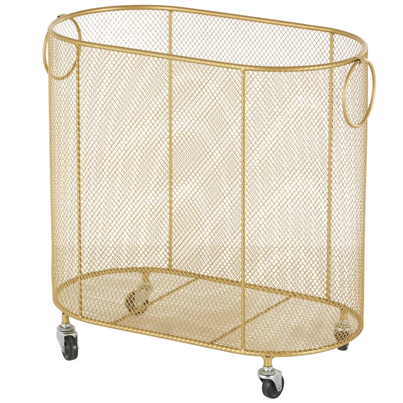 Metal Oval Mesh Wire Rolling Laundry Storage Cart with Ring Handles - Black or Gold - Roche River Decor - Gold