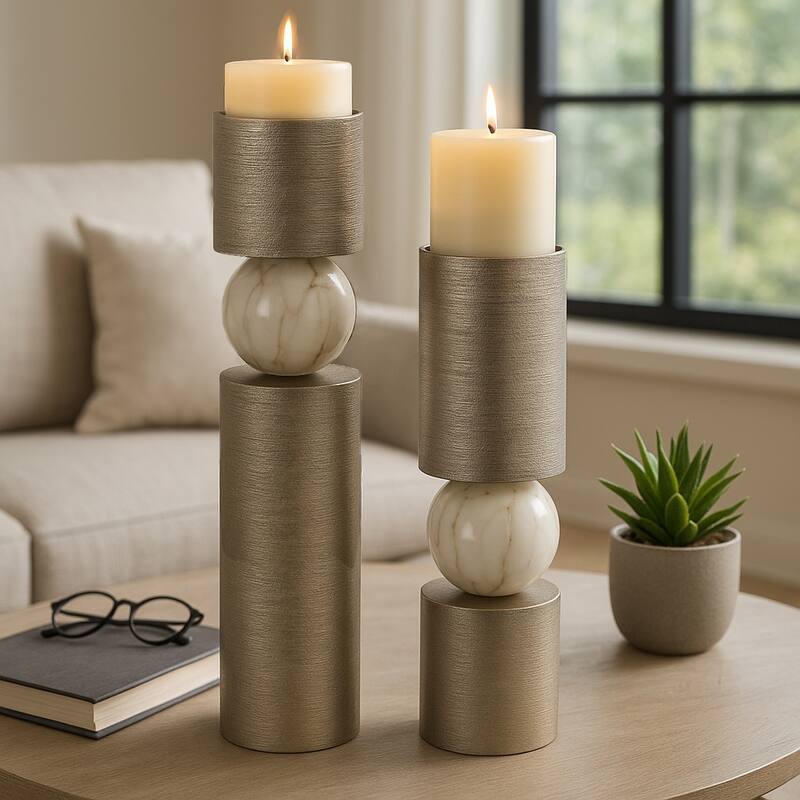 Metal Candle Holders Modern Glossy Sphere - Set of 2 - Gold - 15" - 17.75"