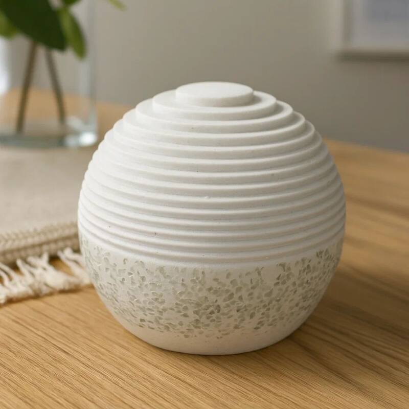 Contemporary Sandstone Polished Ball with Step Carved Lines, White
