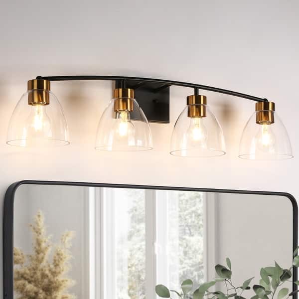slide 2 of 15, Modern Farmhouse 4-Light Black Gold Bathroom Vanity Lights Glass Wall Sconces - D32.3" x H8.6"